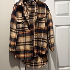 Fashion Nova Checkered Overshirt in Black, Tan, and Orange